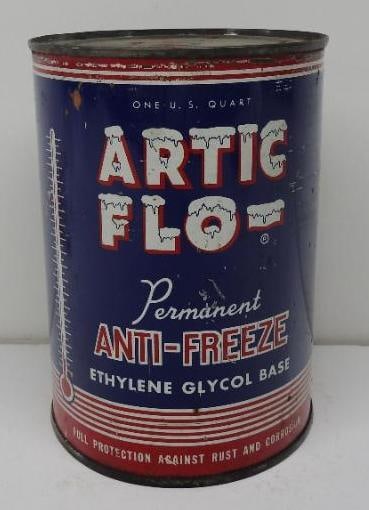 Artic-Flo Anti-Freeze Quart Can: Empty metal quart can with some scuffs and scratches, missing bottom lid