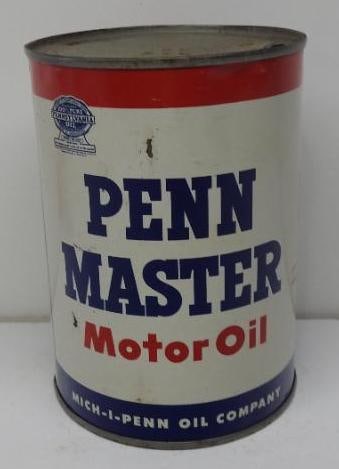 Penn Master Motor Oil Quart Can: Empty metal quart can with a couple scuffs, reverse has a dent