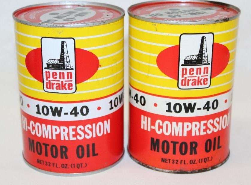 Group of 2 Penn Drake Metal Motor Oil Cans: 5.5" x 4" each, drained by two holes in the top lid, in good condition with minor wear