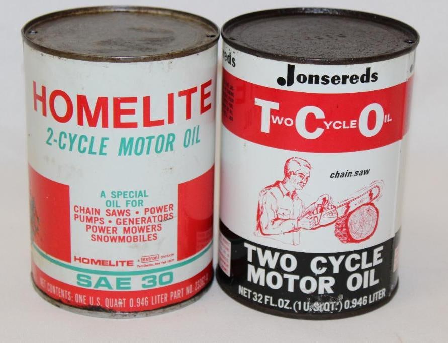 Group of 2 Homelite & Jonsereds Two Cycle Metal 1 Quart Motor Oil Cans (1 of 3)
