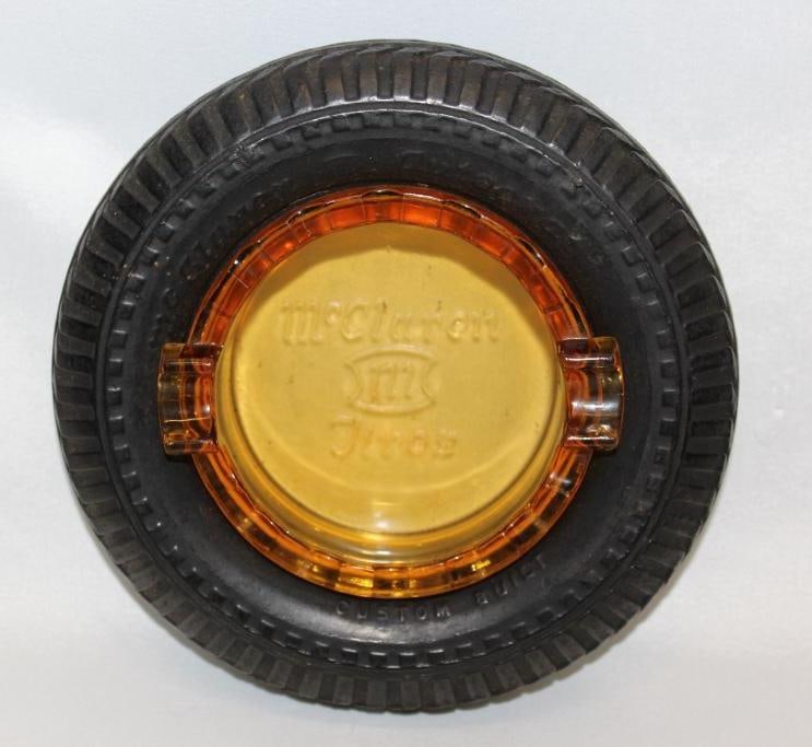 McClaren Advertising Tire Ashtray w/ Amber Glass: 6" diameter, with embossed amber glass