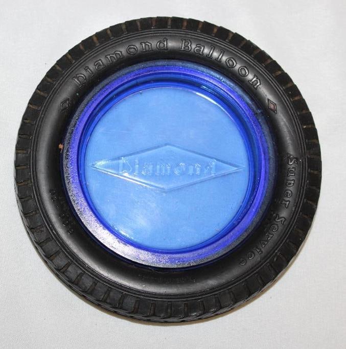 Diamond Balloon Advertising Tire Ashtray w/ Cobalt Glass: 6.25" diameter, with embossed cobalt blue glass