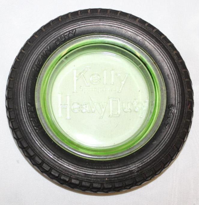 Kelley Springfield Heavy Duty Advertising Tire Ashtray w/ Green Glass: 6.25" diameter, with embossed green glass