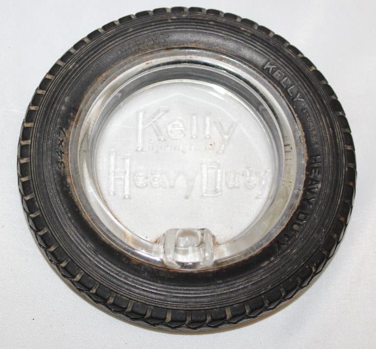 Kelley Springfield Heavy Duty Advertising Tire Ashtray: 6.25" diameter, has embossed clear glass w/ cigar rest