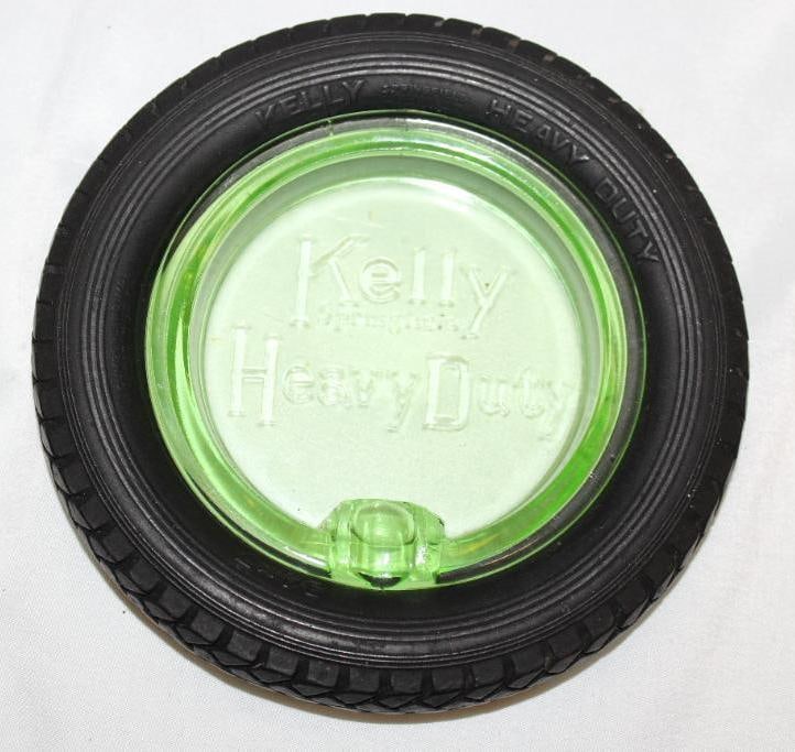 Kelley Springfield Heavy Duty Advertising Tire Ashtray w/ Green Glass: 6.25" diameter, with embossed green glass w/ cigar rest