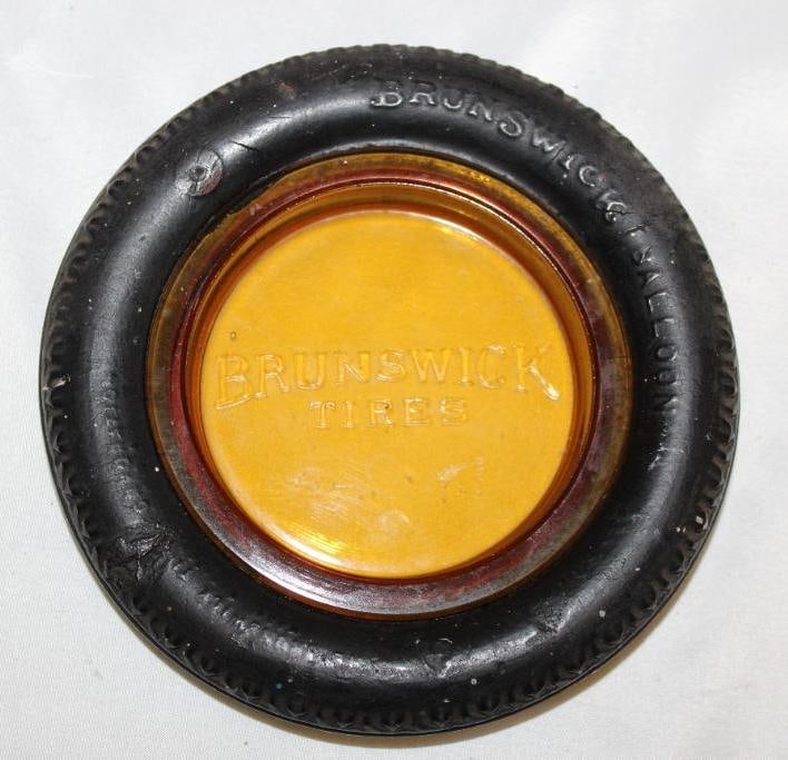 Brunswick Tires Amber Glass Advertising Tire Ashtrays w/ Amber Glass: 6.25" diameter, with embossed amber glass