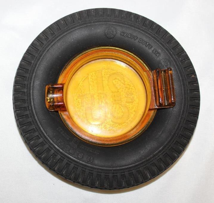 US Tires Advertising Tire Ashtray w/ Amber Glass (1 of 3)