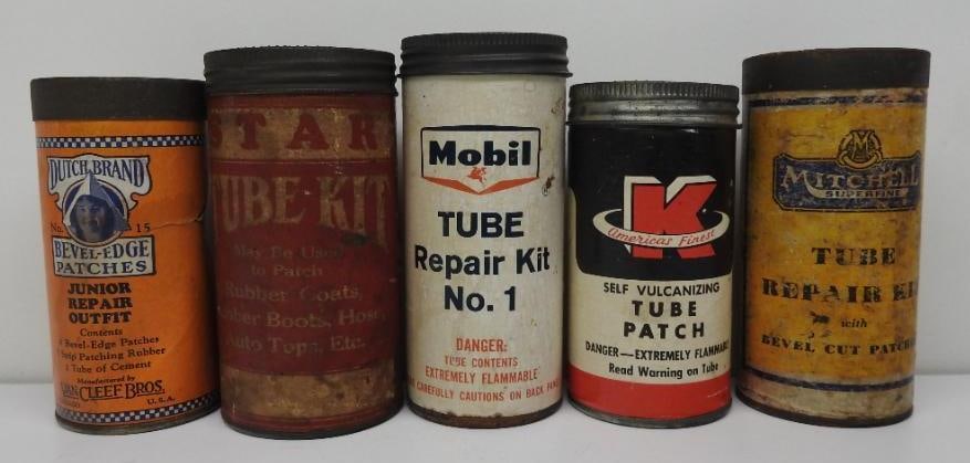 Group of Five Tire Repair Kits: Includes Mobil, Mitchell, and others, all in fair to good condition, tallest stands 4.25"