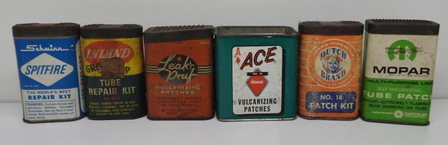 Group of Six Rectangle Tire Repair Kits: Includes Mopar, Schwinn, and others, all in fair to good condition, tallest stands 3.5"