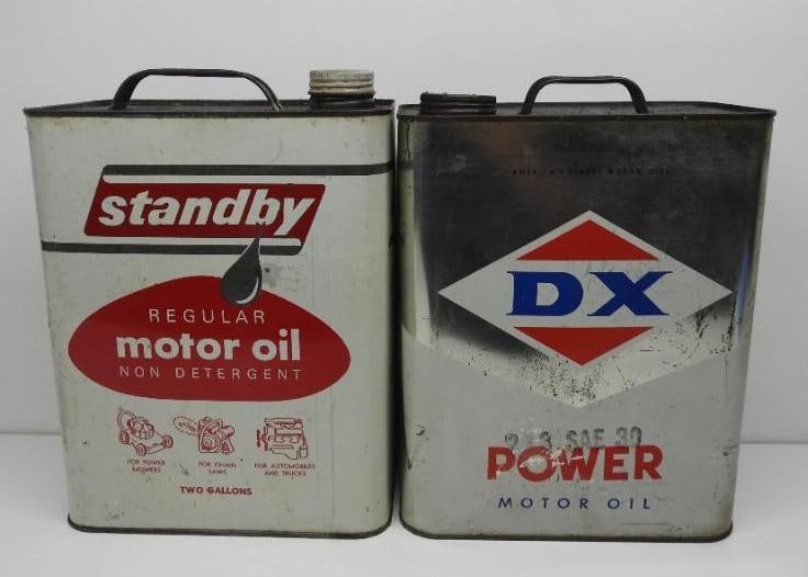 DX Power and Standby Motor Oil Two Gallon Oil Cans: Each in fair to good condition