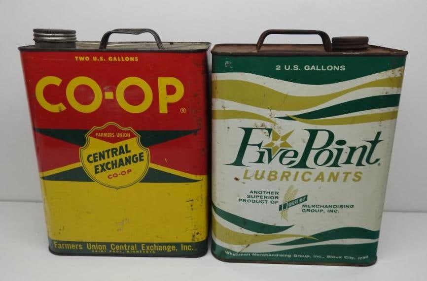 Co-Op and Five Point Two Gallon Oil Cans: Each in fair to good condition