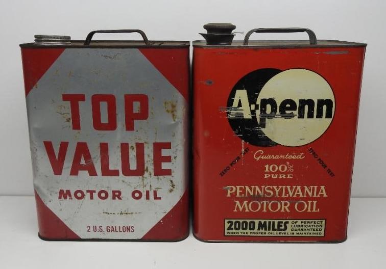 Top Value and A-Penn Two Gallon Oil Cans: Each in fair to good condition