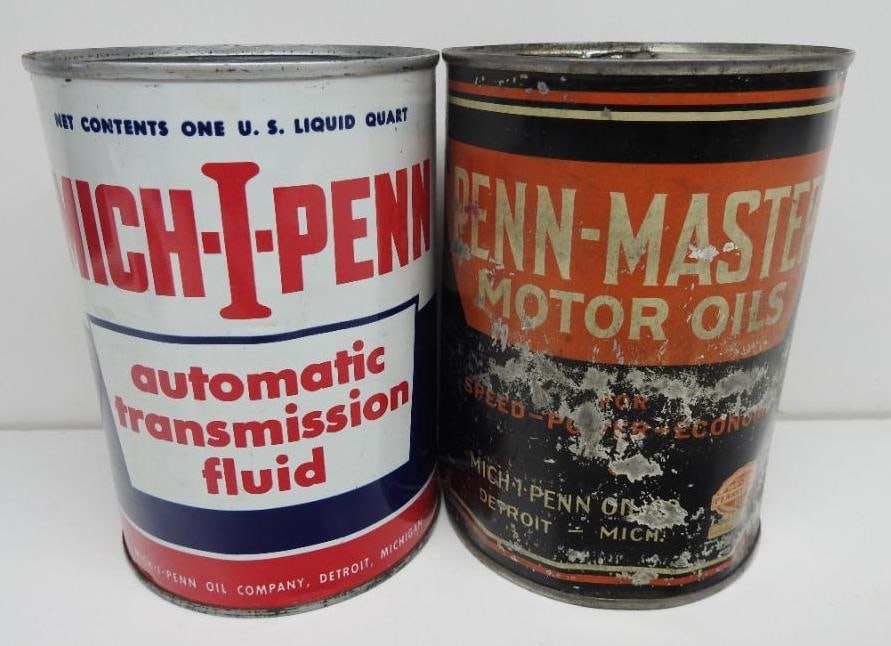 Mich-I-Penn Quart Oil Cans: ATF is full and in good condition, Penn-Master is empty and has wear throughout, both are metal