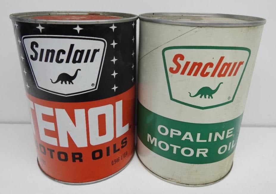 Sinclair Opaline and Tenol Quart Oil Cans: Full composite quart cans in good condition