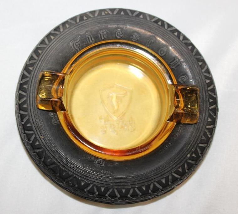 Firestone Advertising Tire Ashtray w/ Amber Glass (1 of 3)