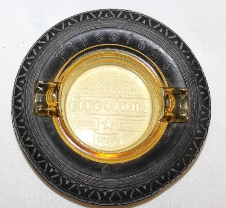 Firestone 1936 Dallas TX Centennial Advertising Tire Ashtray w/ Amber Glass (1 of 3)