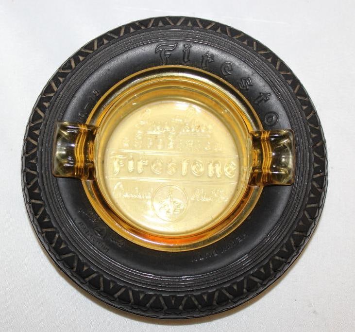 1936 Firestone Great Lakes Exposition Advertising Tire Ashtray w/ Amber Glass: 5.5" diameter with embossed amber glass w. cigar rest