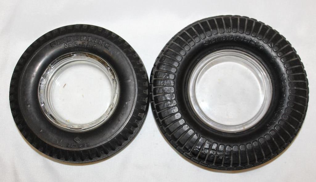 Group of 2 Seiberling Advertising Tire Ashtrays: largest 6.5" diameter