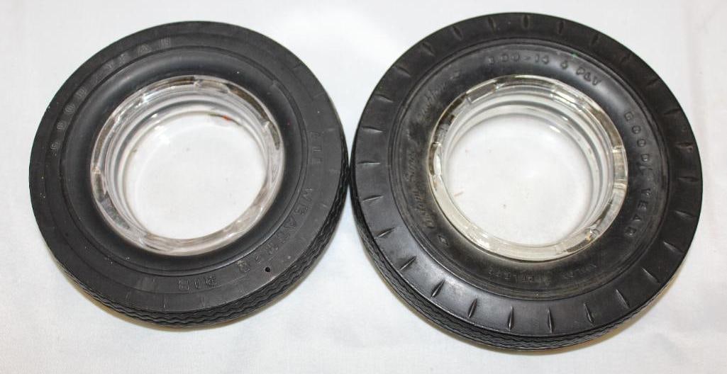 Group of 2 Goodyear Advertising Tire Ashtrays: largest 6" diameter