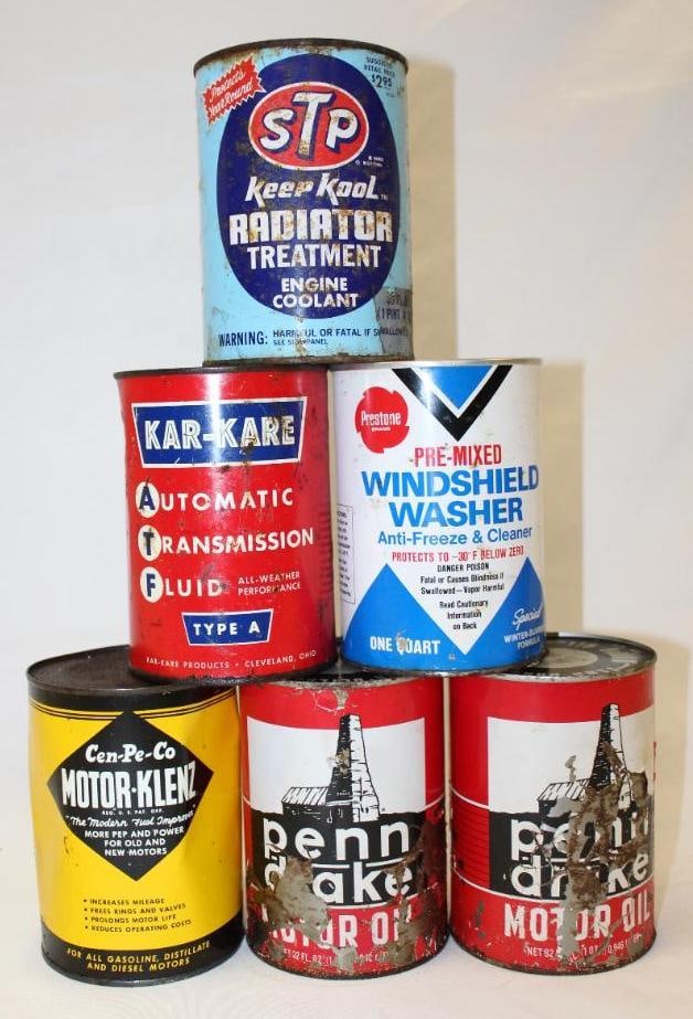 Group of 6 Metal 1 Quart Motor Oil ATF and Antifreeze Cans (1 of 2)