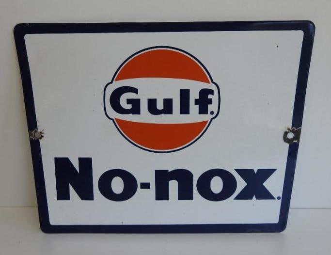 Gulf No-Nox Porcelain Gas Pump Plate Sign: Single sided porcelain pump plate sign, chips at each mounting hole, size 8.5"x11"
