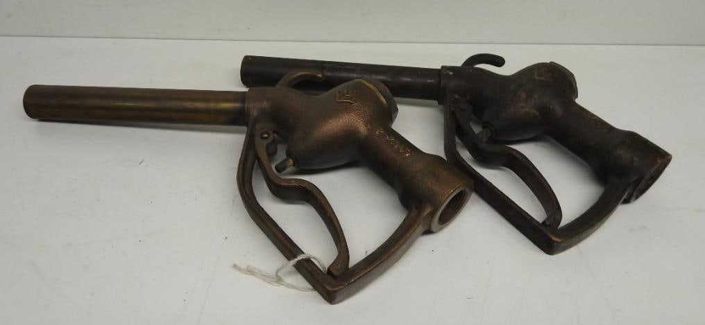 Pair of Brass Gas Pump Nozles: Each with a hook and in good condition