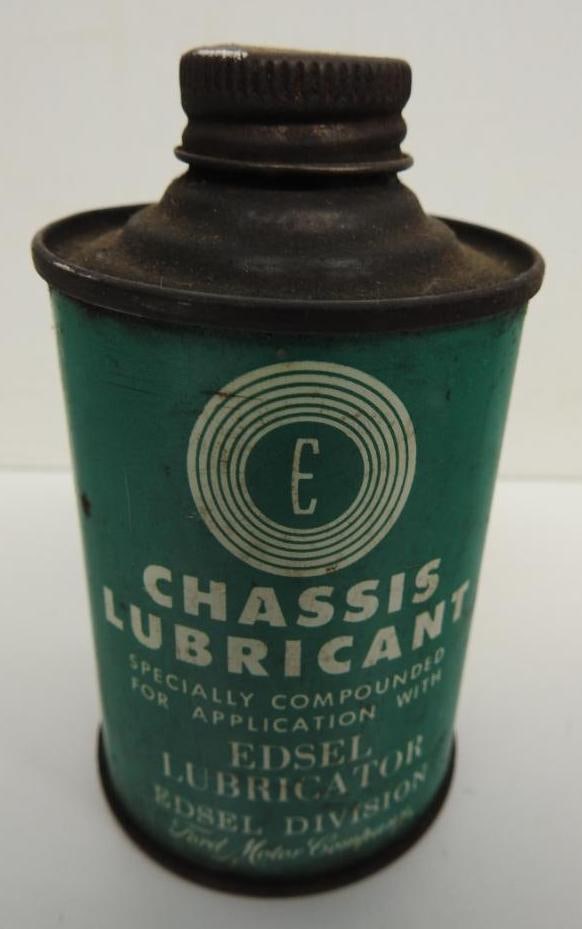 Ford Edsel Chassis Lubricant Oil Can: Cone top 7oz can with some contents, has some overall light wear