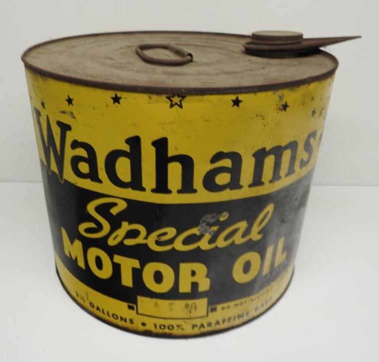 Wadhams Special Motor Oil Two Gallon Can: Unusual three gallon round cans in fair condition with some wear