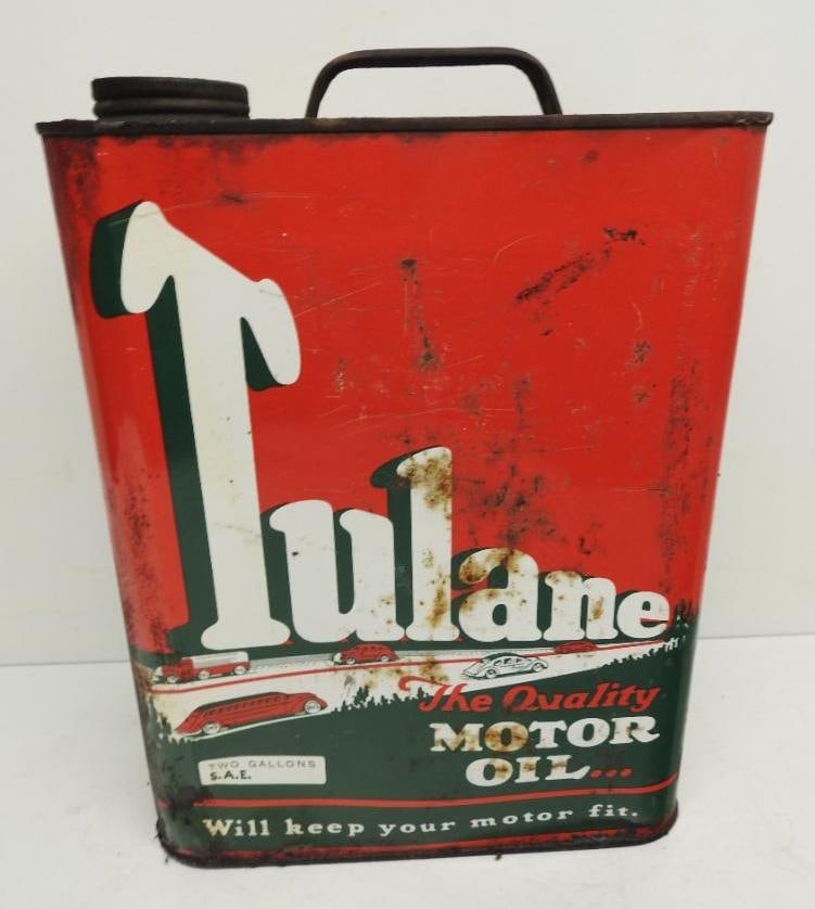 Tulane Motor Oil Two Gallon Can: Empty two gallon can with some surface wear throughout
