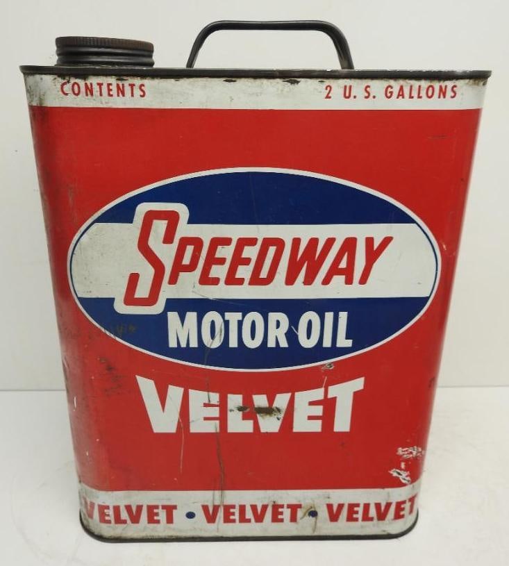 Speedway Velvet Motor Oil Two Gallon Can: Empty two gallon can with some surface wear throughout