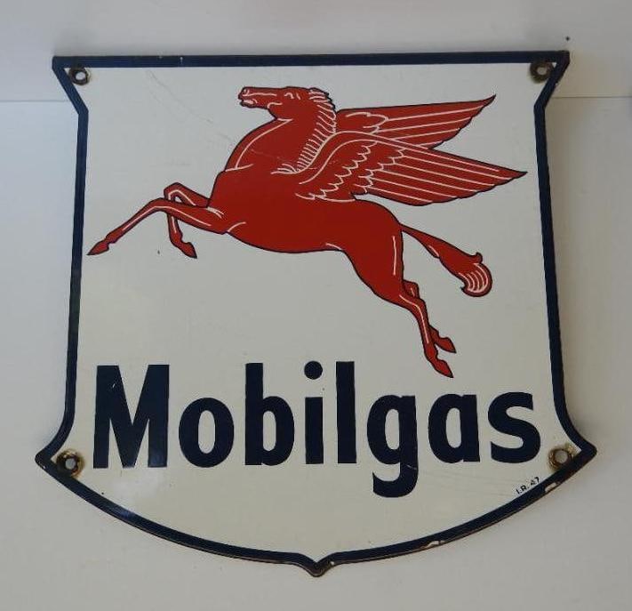 Mobilgas Porcelain Gas Pump Plate Sign: Single sided porcelain pump plate sign, has some chips, stains, and scratches, marked IR 47, size 12"x12"