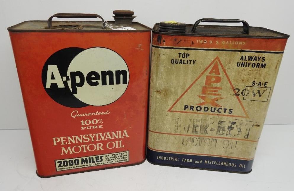 Apex and A-Penn Two Gallon Oil Cans: Each is empty and in fair to good condition