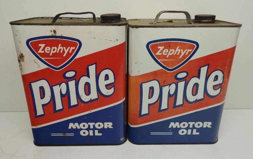 Zephyr Pride Motor Oil Two Gallon Cans: Each is empty and in fair to good condition