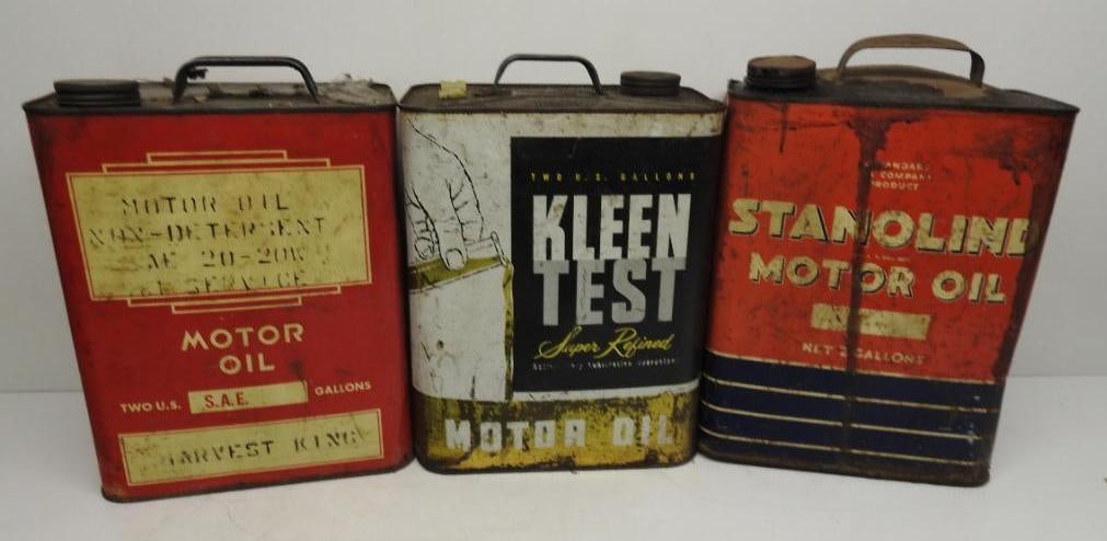 Group of Two Gallon Oil Cans: Includes Stanolind, Kleen Test and Harvest King, all in fair to poor condition