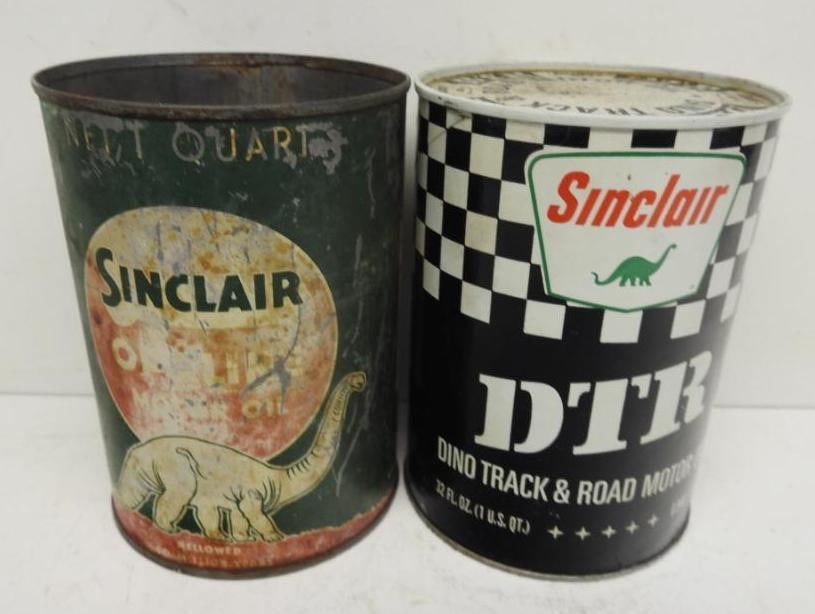 Sinclair DTR and Opaline Quart Oil Cans: DTR is composite and full in good condition, Opaline is metal and missing top lid in poor condition