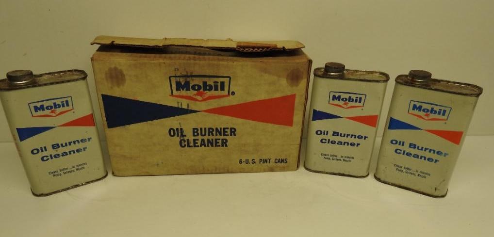 Mobil Oil Burner Cleaner Pint Cans with Box: Three cans with contents in original box, all in fair condition