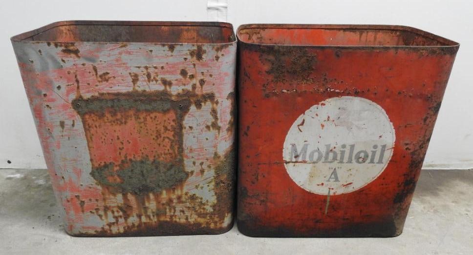 Pair of Mobil Oil Bottle Rack Bases: One has remains of an original decal, each in fair to poor condition with rust and wear, size of each 17"x16"x11", WILL NOT SHIP