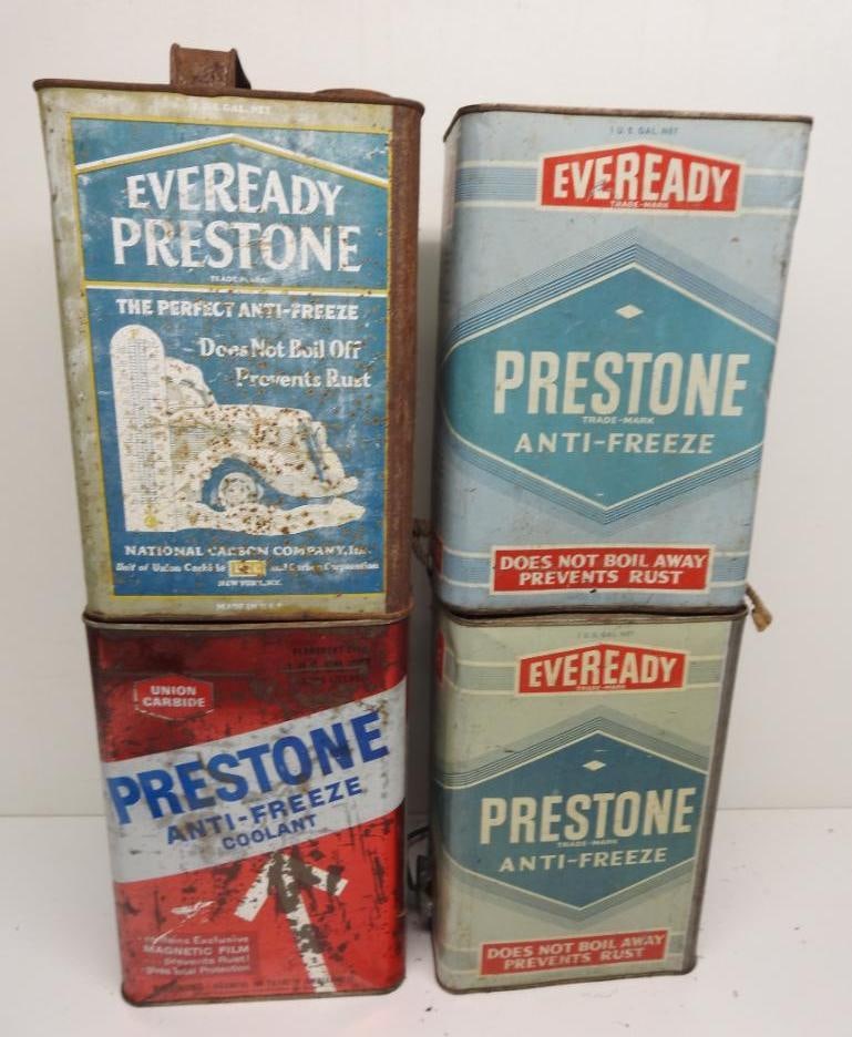 Group of Eveready Prestone Gallon Anti-Freeze Cans: All in fair to poor condition