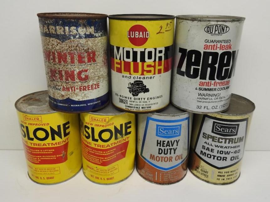 Group of Seven Assorted Quart Oil Cans: Includes Risolene, Sears, Lubaid, and others, all metal and full, fair to good condition, WILL NOT SHIP