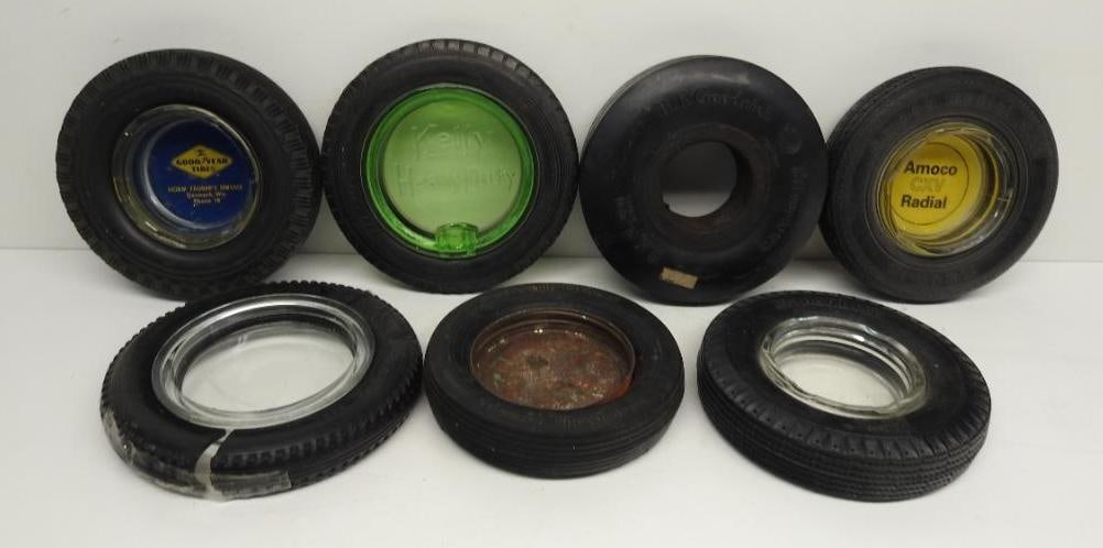 Group of Tire Ashtrays: Various sizes and conditions, some missing insterts