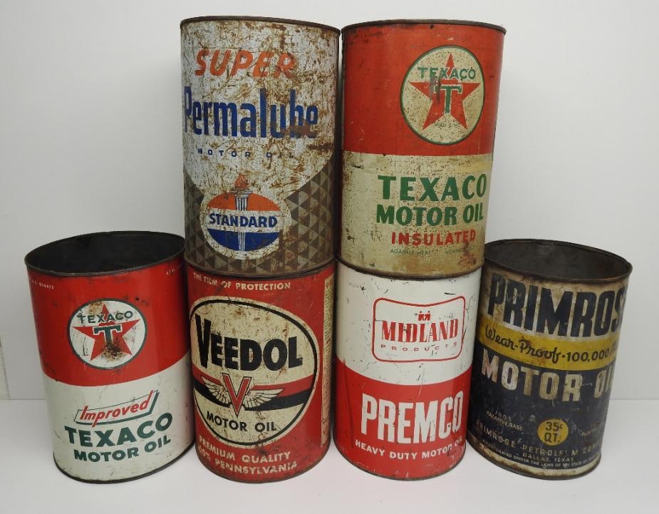 Group of Six Assorted Five Quart Oil Cans (1 of 2)