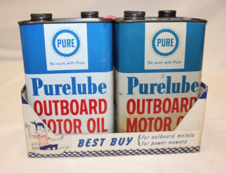 Group of 4 Pure Purelube Outboard Motor Oil cans with advertising carrier (1 of 8)