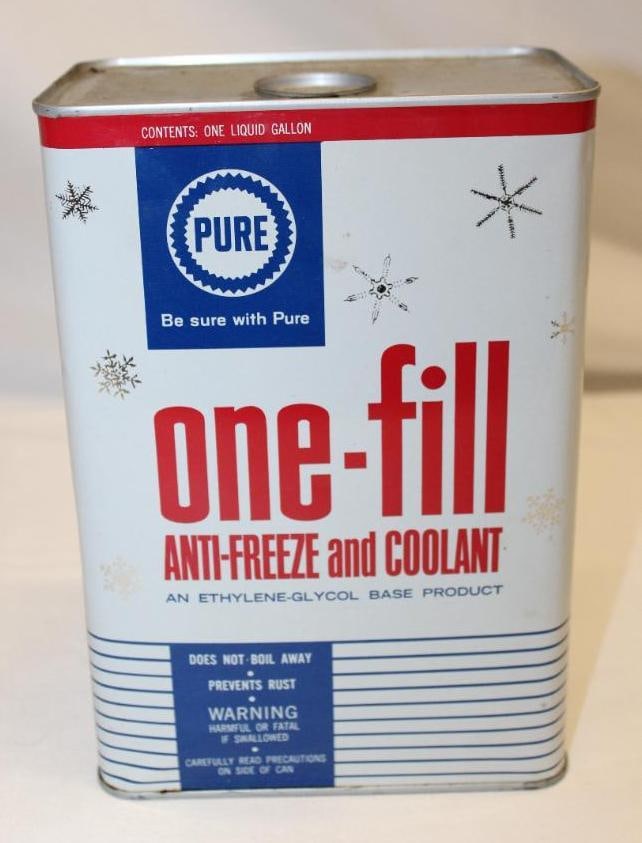 Pure 1 Gallon One-Fill Antifreeze Can: drained by 2 holes in the top lid, in very good condition with only minor wear, 9.5" x 4" x 6.5"