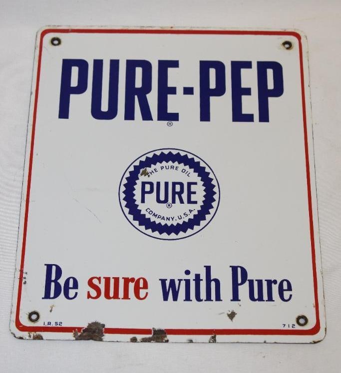 Pure-Pep Porcelain Gas Pump Plate Sign: has a chip near the center as well as some edge wear, 12" x 10"