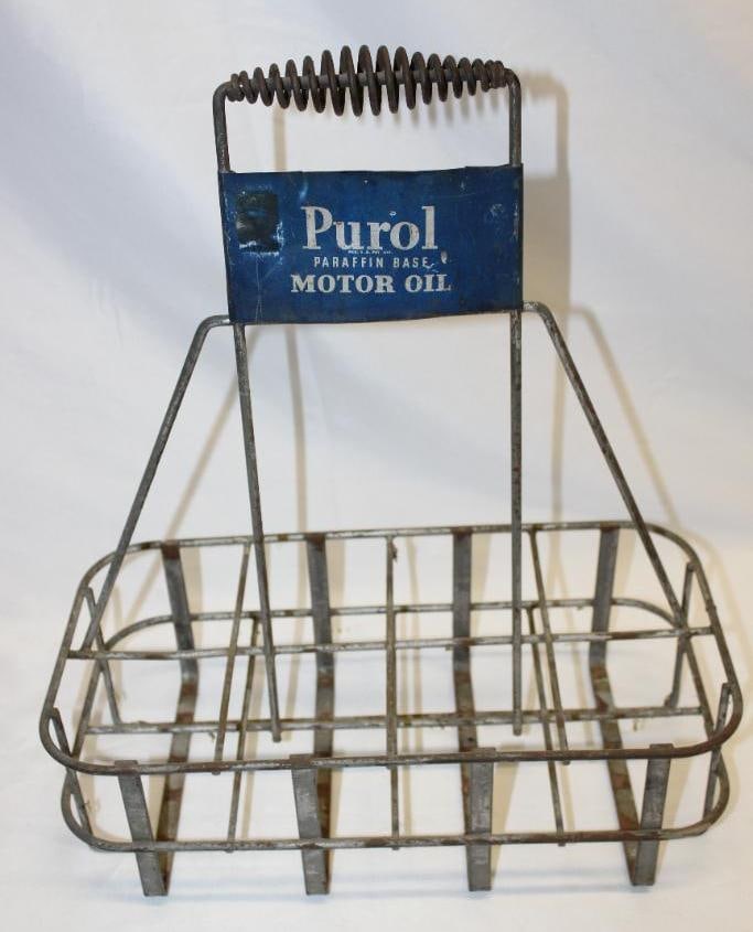 Pure Purol Oil Bottle Display Rack: the metal sign appears to be a cut oil can, 15.5" x 8" x 19"