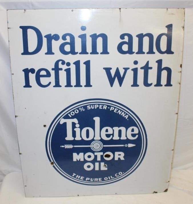 Single Sided Porcelain Pure "Drain and Refill" Tiolene Motor Oil Sign (1 of 9)