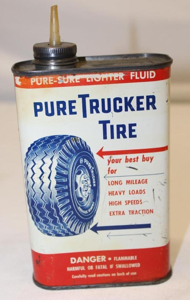 Pure 1 Pint Lighter Fluid Can with Truck Tire Ad (1 of 4)