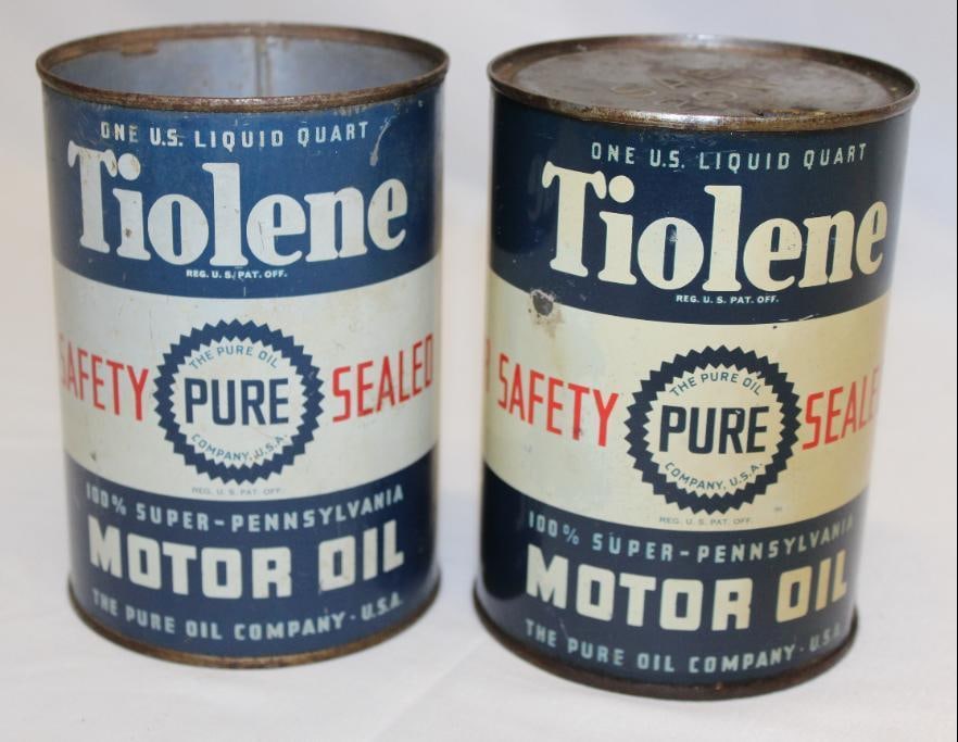 Group of 2 Pure Tiolene Safety Sealed Metal 1 Quart Motor Oil Cans (1 of 3)
