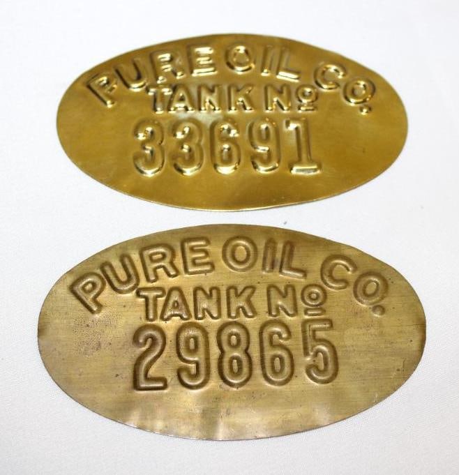 Group of 2 Pure Oil Compant Brass Tank Plates: 4"x2.5"