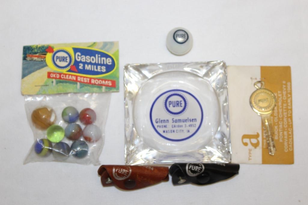 Lot of Pure Oil Co Advertising Items: Ash Tray, Marbles, Key, Key Holders; Largest is 4"x4"